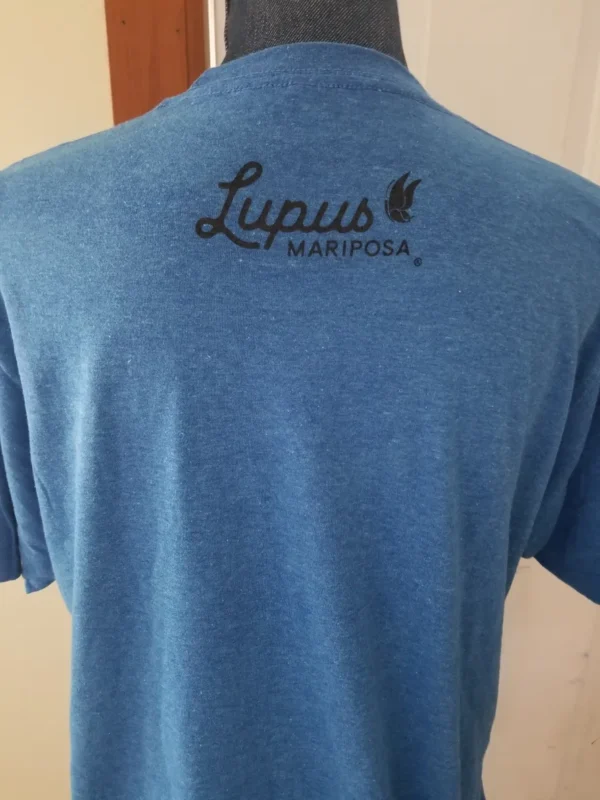 A blue shirt with the word lupus on it.