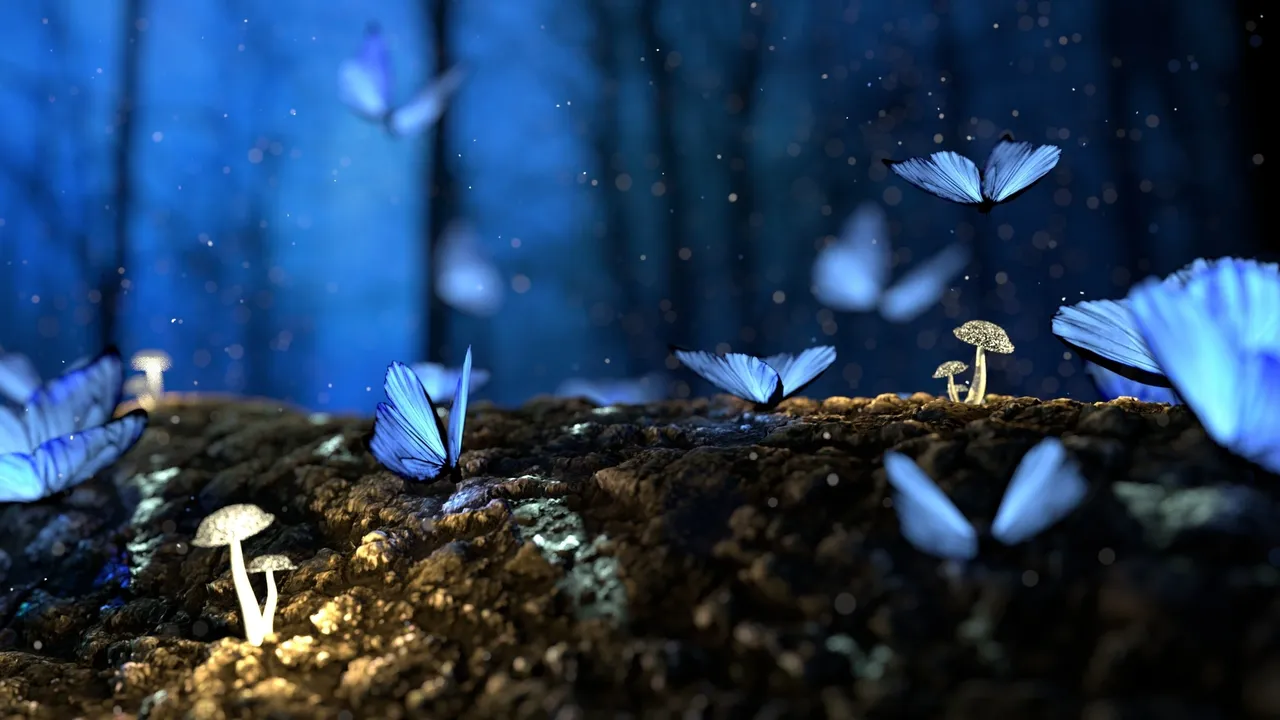 Blue butterflies and mushrooms in forest.