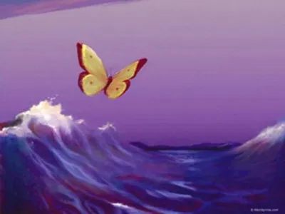 Yellow butterfly over purple ocean wave.