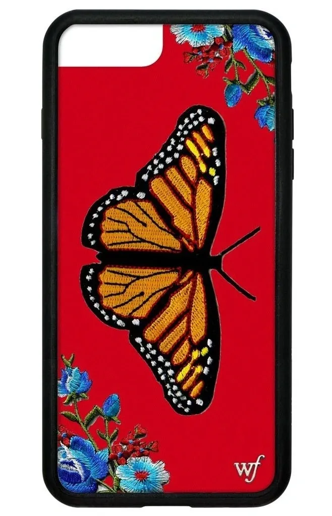 Red phone case with butterfly and flowers.