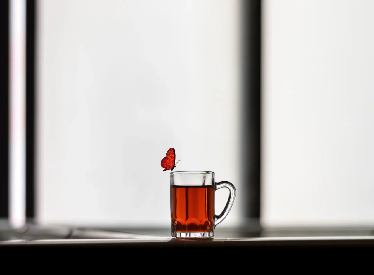 Red butterfly near a glass of tea.