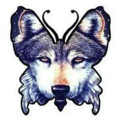 Wolf head with butterfly wings.