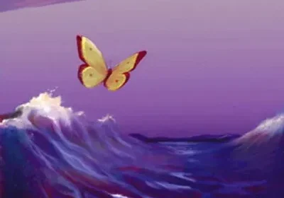 Yellow butterfly over purple ocean wave.