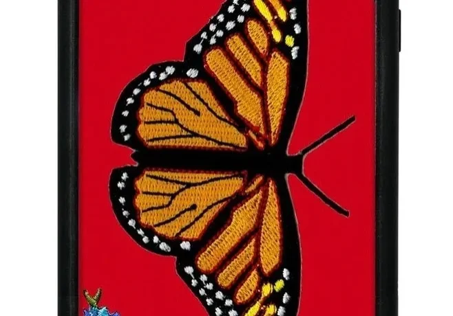 Red phone case with butterfly and flowers.